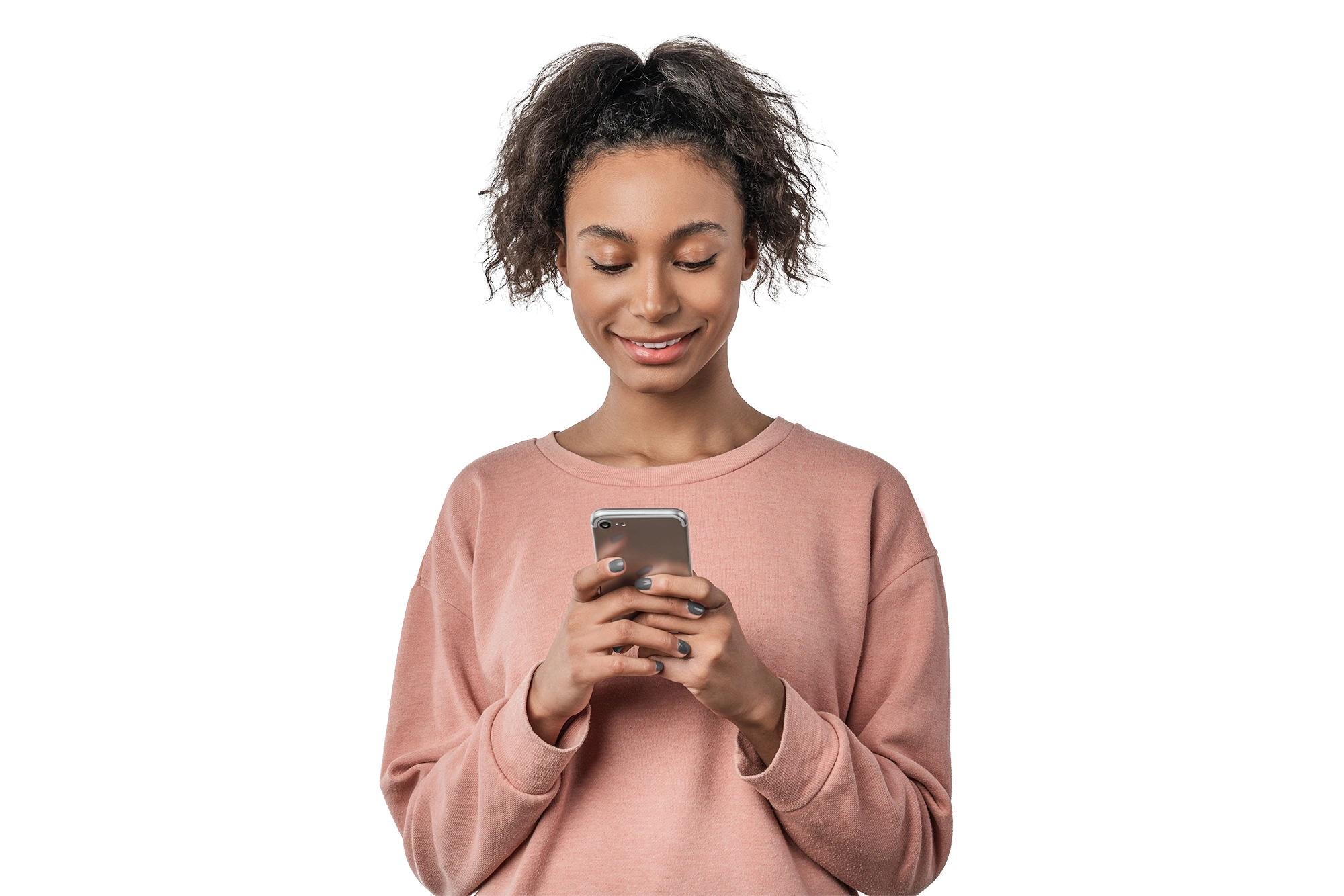 Photo — smiling woman using smartphone (cut-out)