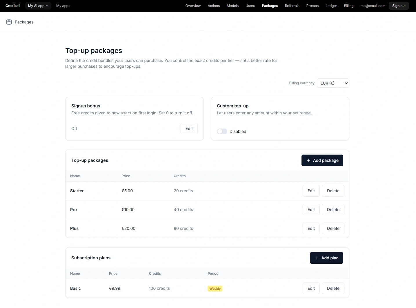 Dashboard screenshot — Top-up packages (tilted card)
