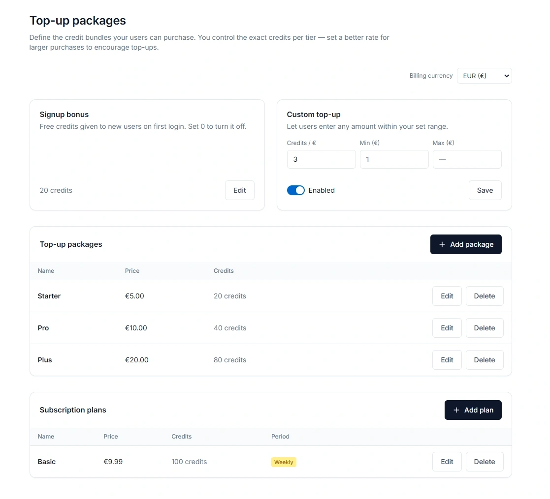 Dashboard screenshot — Top-up packages