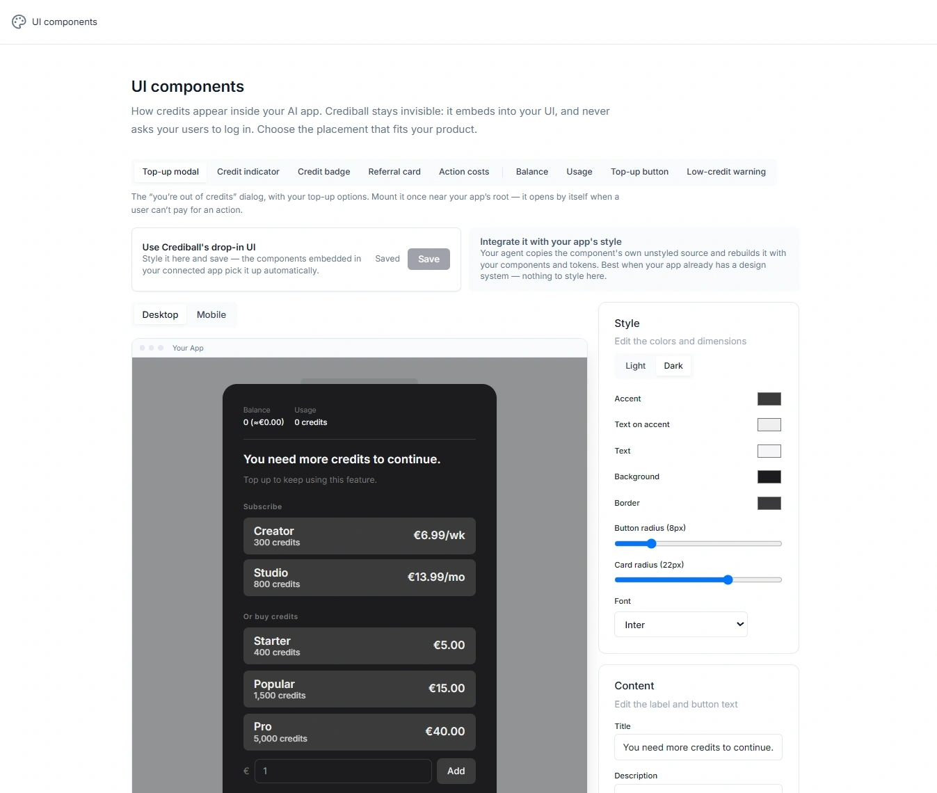 Dashboard screenshot — UI components page